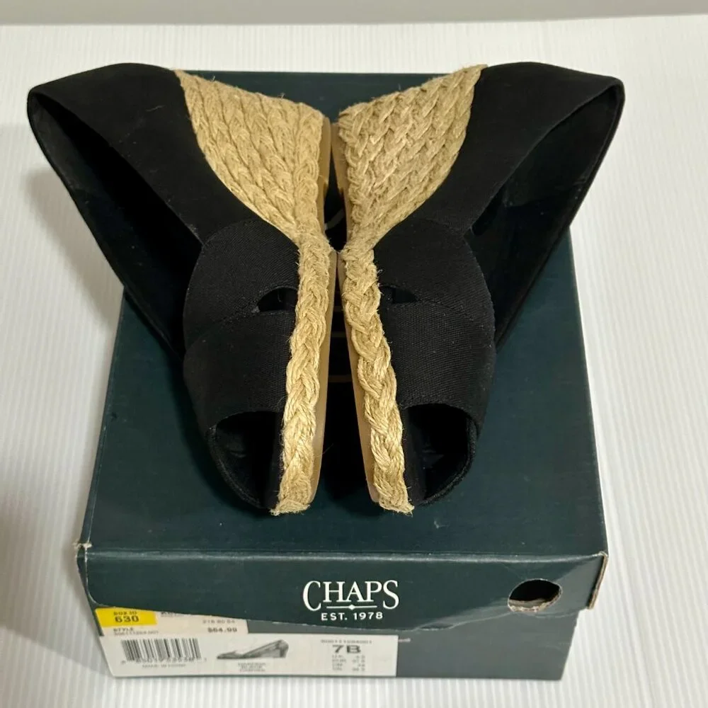 CHAPS Dakoda Black Canvas Espadrille Wedge Open Toes Heels Shoes size 7B
